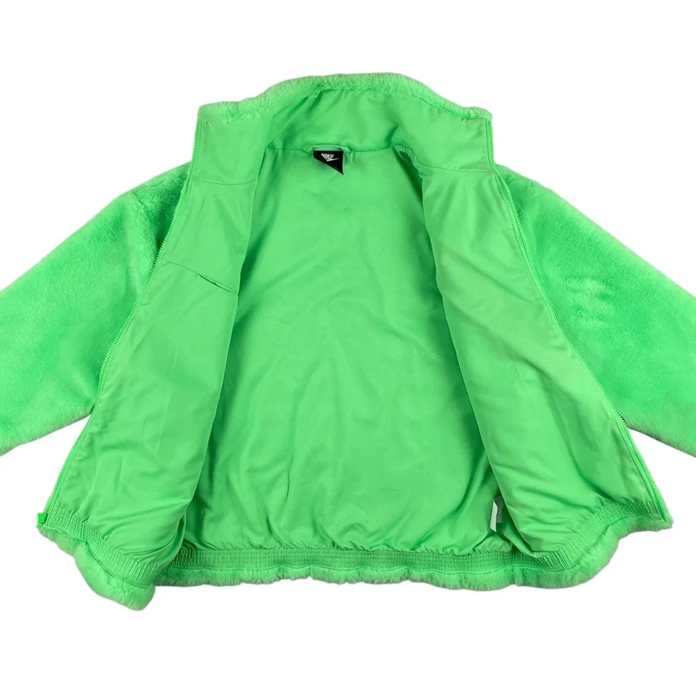 Nike Faux Fur Oversized Swoosh Jacket Womens S Green Black Full Zip Plush Fleece